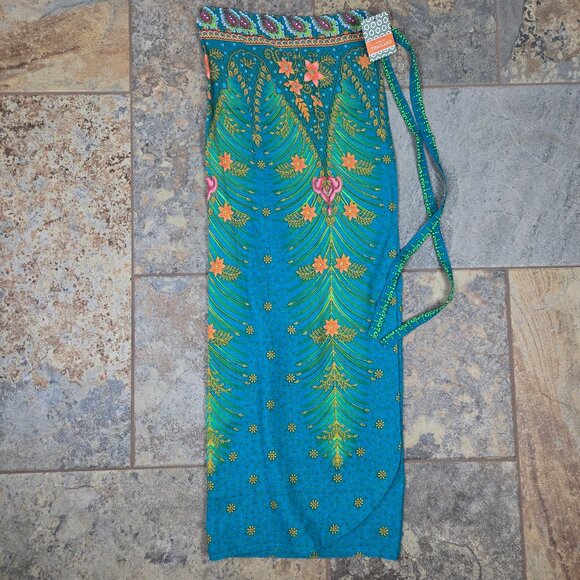 Earthbound Trading Size Small Turquoise Green Orange Sarong Florals Feathers NWT - Picture 1 of 9